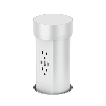 White cylindrical point pod outlet featuring two AC ports, a USB-A, and a USB-C charging port. Designed for easy integration into countertops, the sleek outlet retracts into the surface when not in use, providing a clean and modern appearance.